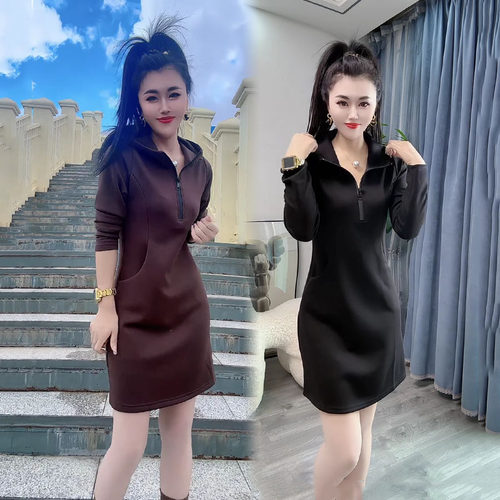 休闲时尚连帽拉链修身显瘦卫衣裙
