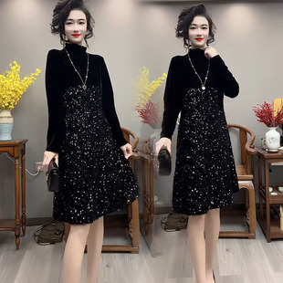2023年秋季新款连衣裙韩版气质名媛风赫本高龄中长款亮片女A字裙