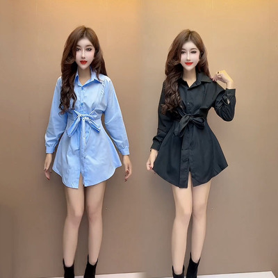 时尚洋气欧货绑带气质衬衫连衣裙