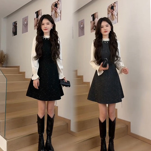 法式千金风时尚连衣裙女2026春季新款拼接钉珠喇叭袖收腰名媛裙子