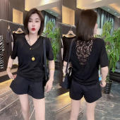 女时尚 2026夏季 v领打底T恤小衫 冰丝短袖 洋气拼接蕾丝镂空美背 新款