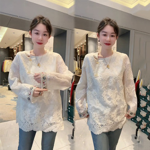 新中式国潮长袖蕾丝衬衫女欧货冬季新款重工袖口钉珠刺绣宽松上衣