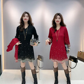 洋气喇叭袖 时尚 重工烫钻连衣裙女2025春秋新款 V领遮肚显瘦中长裙