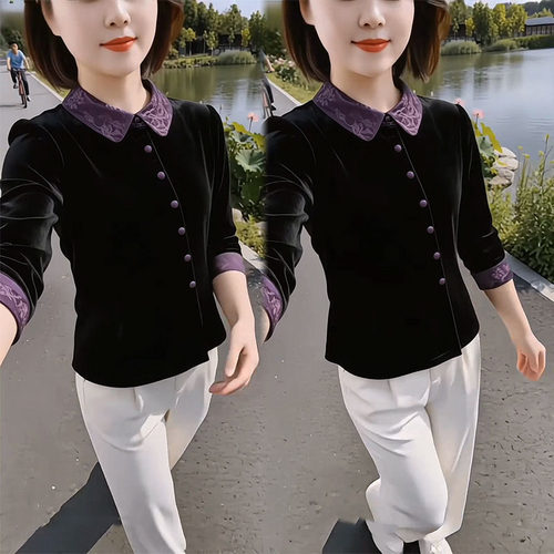 复古撞色领修身显瘦百搭丝绒衬衫
