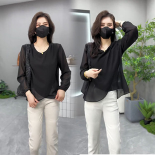 网红时尚爆款女神范黑色雪纺纱女2026夏季新款百搭显瘦长袖打底衫