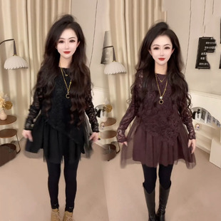 蕾丝连衣裙女2025冬季 性感女人味拼接网纱假两件显瘦短裙 网红新款