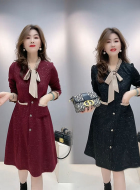 时尚名媛连衣裙女2025春秋新款气质减龄V领蝴蝶结系带中长款裙子