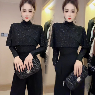设计感假披肩斗篷亮晶晶女衫 T恤韩版 百搭洋气上衣 新款 2025年秋季