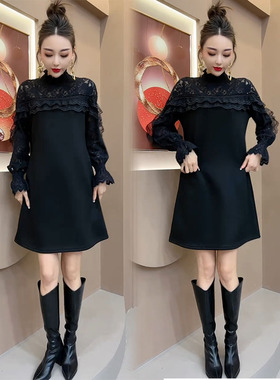 欧货蕾丝花边拼接高领连衣裙2025春秋新款宽松时尚洋气显瘦A字裙