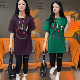 圆领中长烫钻百搭女休闲T恤大衫 宽松显瘦短袖 卫衣裙韩版 春夏新款