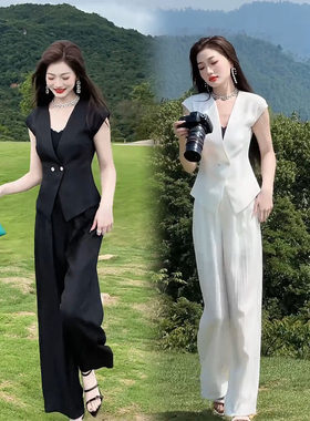 职业通勤西服马甲阔腿裤时尚套装