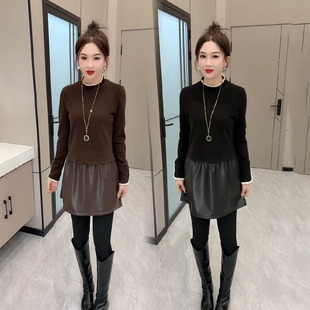 新款 显瘦圆领拼接A字裙2025冬季 拼皮花边百搭连衣裙 减龄修身 时尚