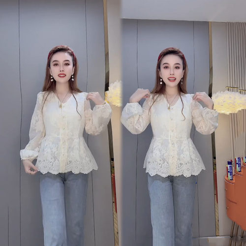 洋气减龄收腰荷叶边提花蕾丝衫女