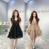 韩版 宽松遮肉减龄仙女裙 网红新款 时尚 荷叶边V领连衣裙女2025夏季