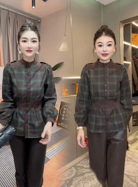 2025年春季新款网红新款百搭时尚长袖显瘦收腰上衣复古格子衬衫女