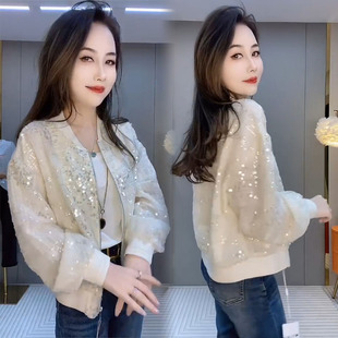 重工亮片短款外套女小香风2025年春季新款宽松薄款休闲棒球服上衣