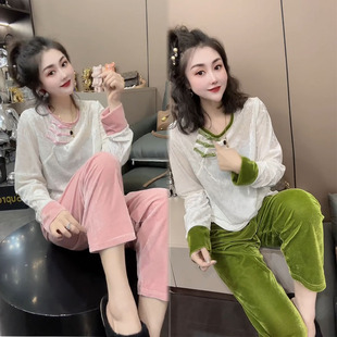 甜美家居服春秋冬可穿宽松显瘦复古盘扣丝绒圆领女睡衣舒适两件套