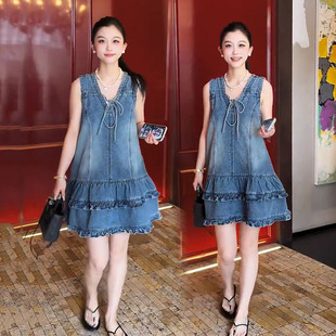 欧货爆款牛仔连衣裙女2026夏季新款无袖宽松减龄显瘦飞边娃娃裙潮