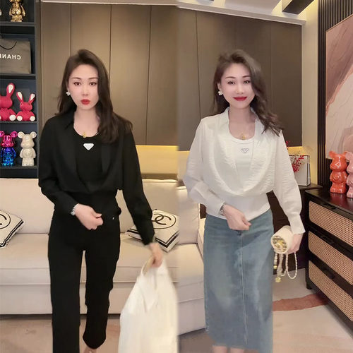 百搭翻领拼接背心假两件短款衬衫