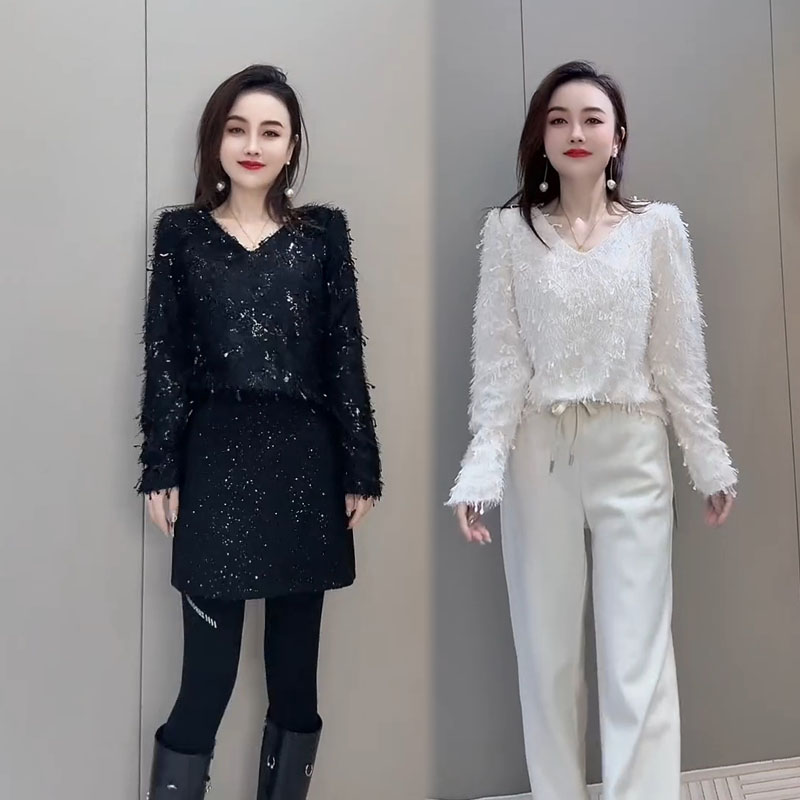 重工亮片流苏V领宽松洋气毛毛衫