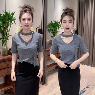 欧货重工镶钻T恤女2026夏季新款修身显瘦飘带设计时尚洋气打底衫