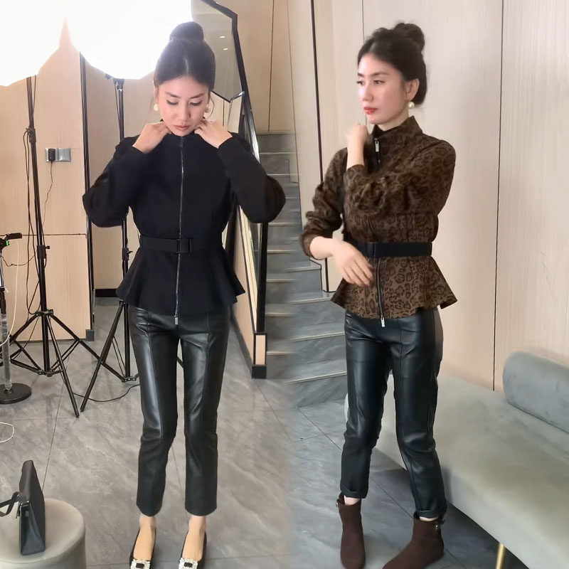 时尚套装女2025秋季新款欧货立领拉链豹纹卫衣外套PU皮裤子两件套