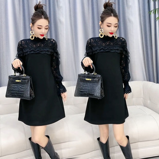 打底裙潮 遮肉冬季 2024早春新款 连衣裙气质名媛风拼接蕾丝女中长款
