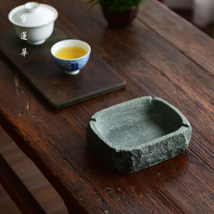 手凿青石烟灰缸 古朴中式烟缸茶道用具茶渣缸建水洗 石材家居摆件