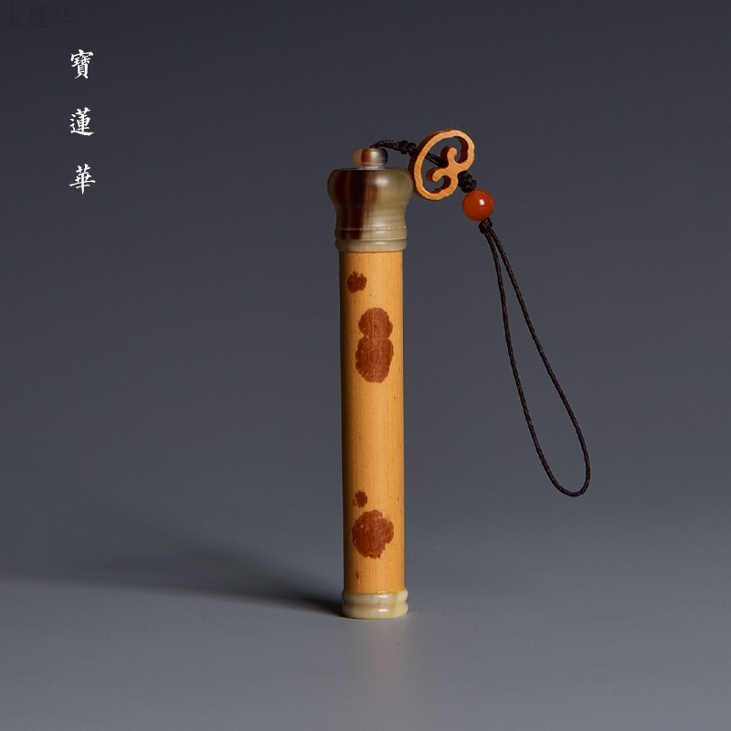 精品红湘妃竹镶花牛角竹制牙签筒