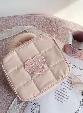 粉色菱格纹手提化妆包女大容量便携收纳包拉链分层洗漱包