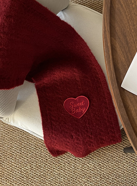 定制logo韩版羊毛针织围巾女冬季红色爱心刺绣百搭保暖围脖高级感