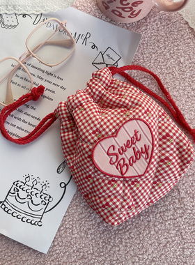 定制logo卡通格子抽绳收纳袋女便携束口袋百搭小包包