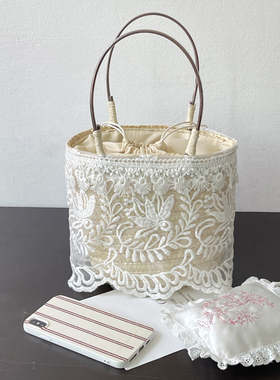 蕾丝刺绣手提包 水桶编织女包ins风 田园少女仙女风夏季沙滩女包
