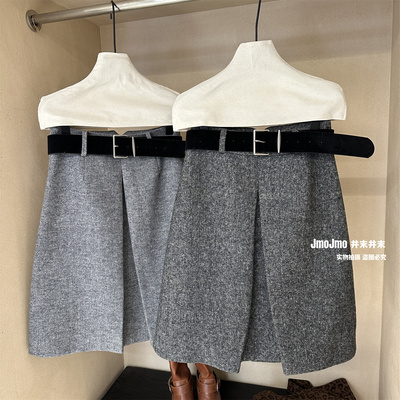 深灰色微开衩羊毛呢半身裙女冬