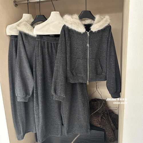 加绒加厚毛毛连帽休闲套装女