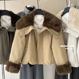 羊羔毛大翻领90%白鸭绒内胆派克服冬季 保暖休闲羽绒服短外套 新品