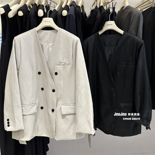 宽松百搭一手长休闲短外套V领西装 韩系简约双排扣皮衣女春季 新品