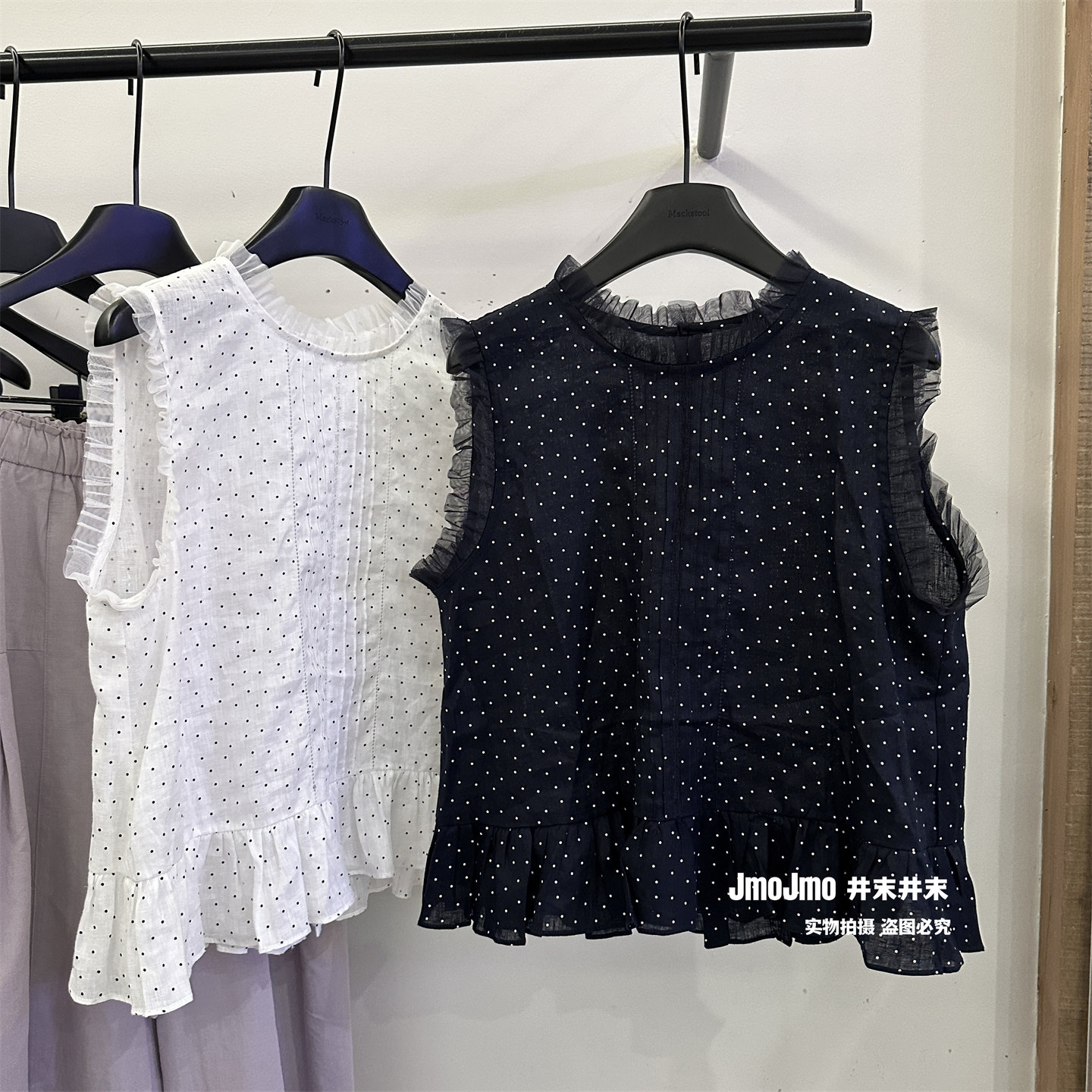 拼纱设计后背扣子波点背心女夏新品宽松显瘦韩系减龄亚麻上衣衬衫
