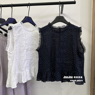 拼纱设计后背扣子波点背心女夏新品宽松显瘦韩系减龄亚麻上衣衬衫