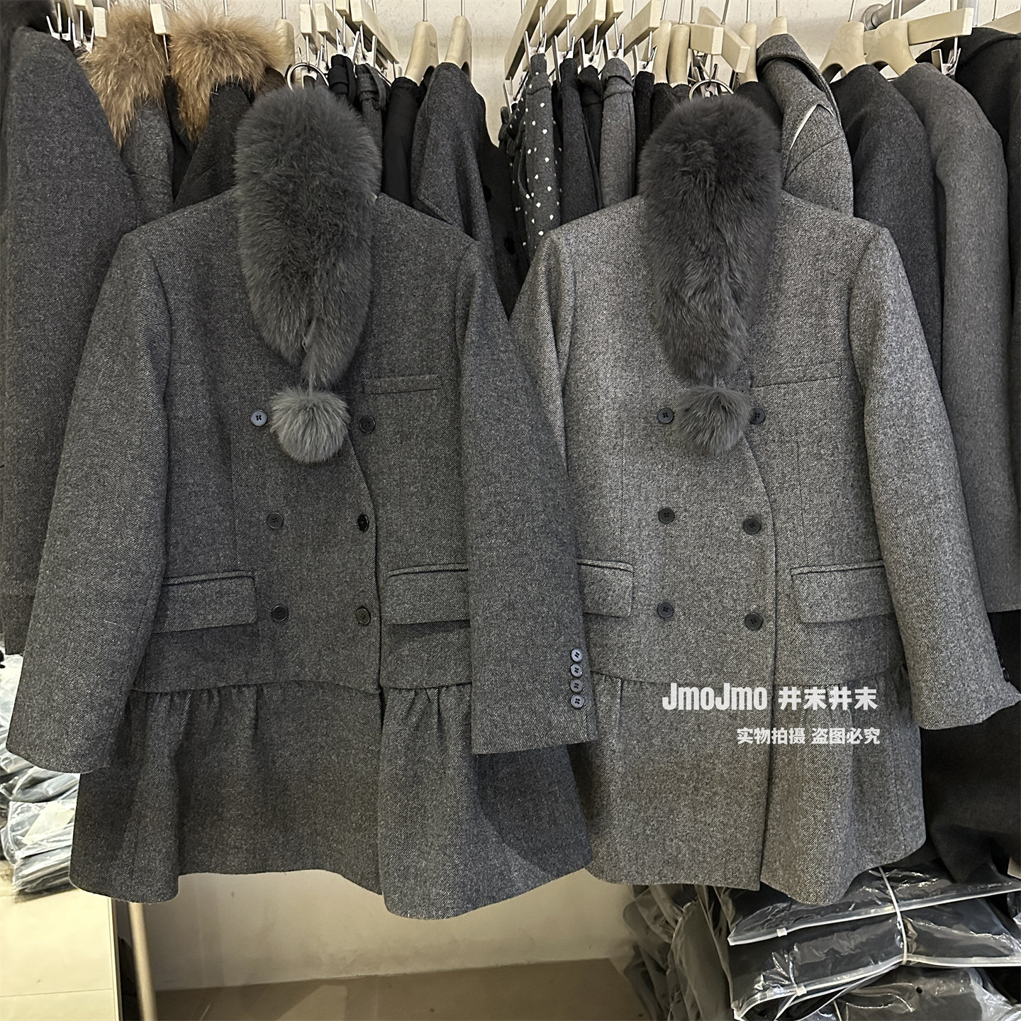 狐狸毛领50羊毛双排扣毛呢西装裙