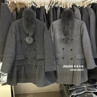 狐狸毛领含50羊毛双排扣毛呢西装裙冬保暖90白鸭绒中长款羽绒外套