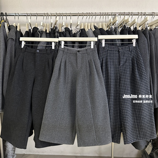 加绒八分裤女冬季老钱风松紧腰小个子休闲裤韩系保暖阔腿裤直筒裤