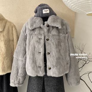 兔毛皮草短外套女冬季 保暖高级感毛毛外套小个子翻领上衣单排扣
