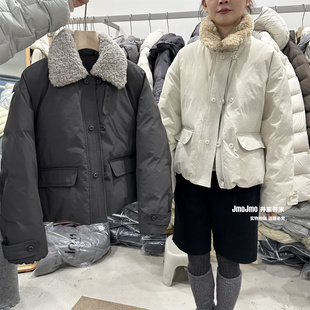 羊羔毛领子短款羽绒服短外套冬季保暖90白鸭绒面包服别致加厚上衣