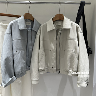 韩系简约翻领皮衣女春季 宽松显瘦休闲短外套百搭老钱风夹克 新品