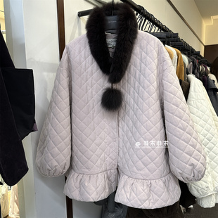 在逃公主下摆花苞设计菱格棉服女秋冬新品绗棉中长款韩系泡芙外套