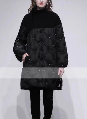 冬季新款时尚简约高领毛呢拼接长袖宽松中长钉珠羽绒服外套女