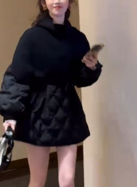 小香风针织披肩菱格羽绒棉服轻奢洋气外套女2025新款正品中长收腰