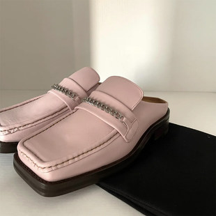 Mona в этом же моделье квадратная головка малый кожаный Обувь 2025 новый золотой цепи полосатый Мюллер обувь толстая корка чалма Половина буксировки обувь Женская волна