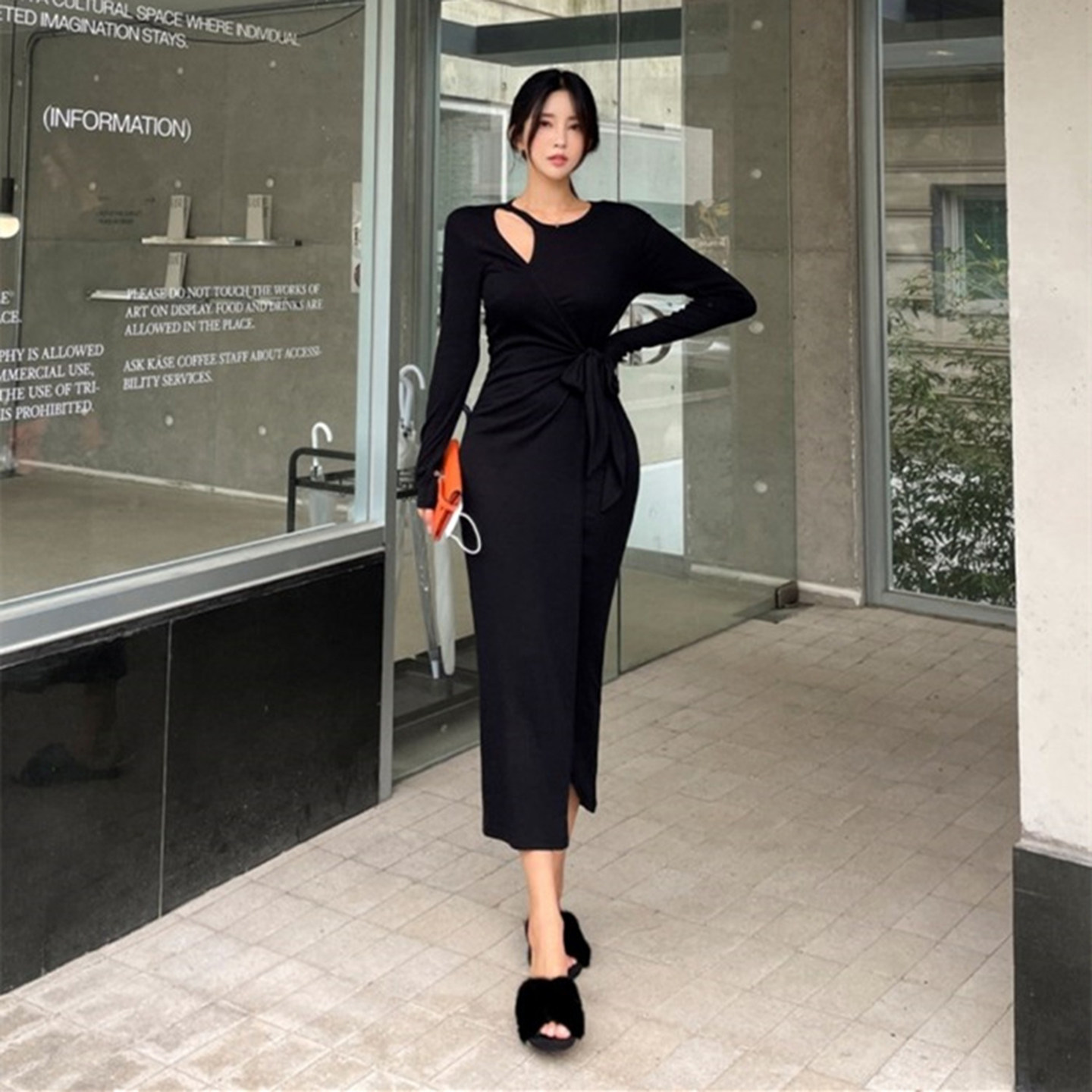 长袖连衣裙女装内搭包臀2026春新款今年流行绑带性感开叉连身长裙
